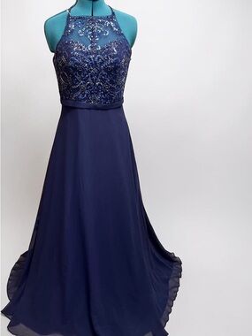 Mori Lee Navy Beaded Halter Prom Gown